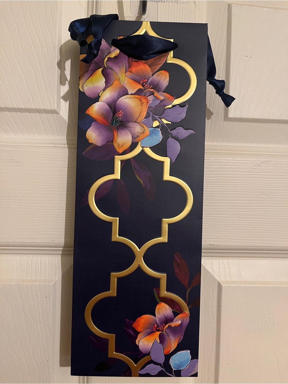 Papyrus Navy Floral Wine Bag Gold Quatrefoil Design Blue Ribbon “Graceful Bloom”